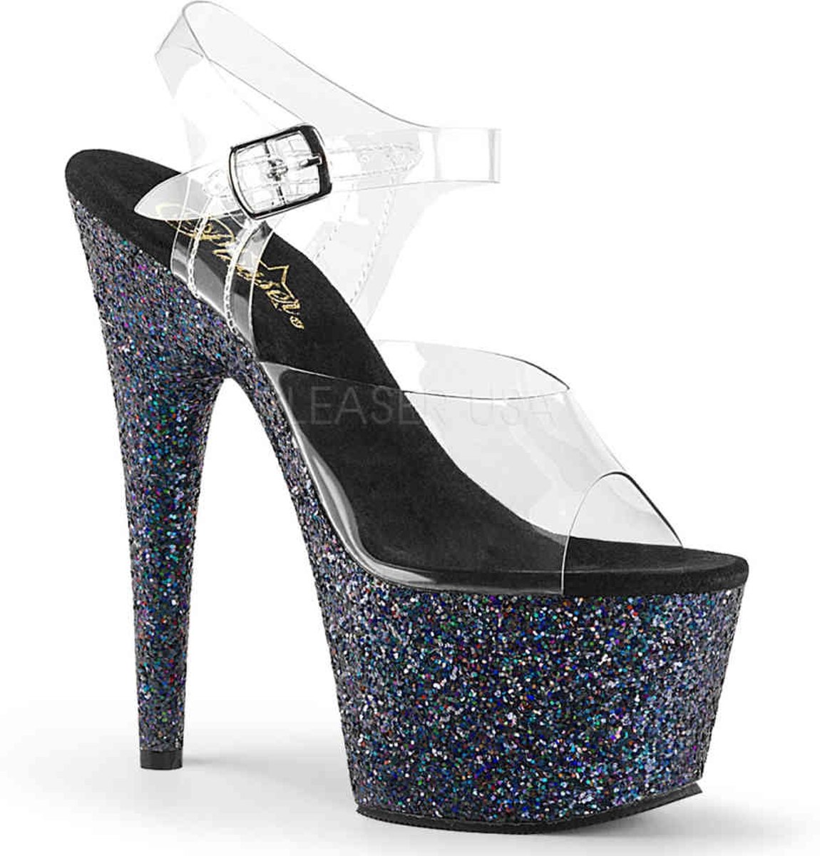 EU 37 = US 7 | ADORE-708LG | 7 Heel, 2 3/4 PF Ankle Strap Sandal w/ Holo Glitter Bottom